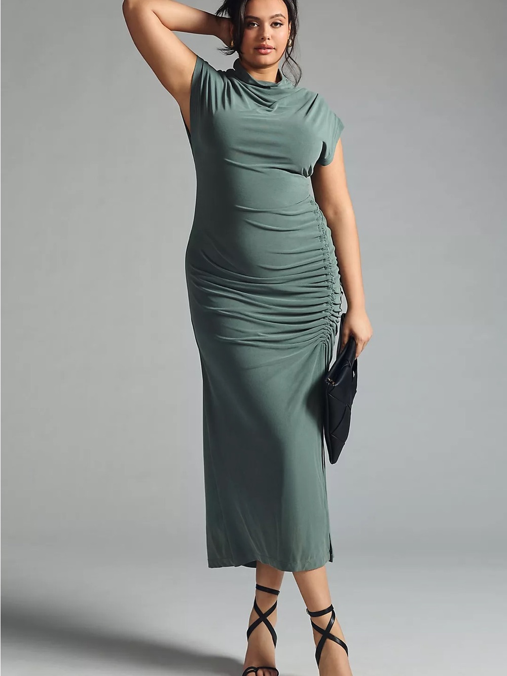 Anthropologie Maya Army Green Soft Ruched Cowl Neck Maxi Dress size 1X
